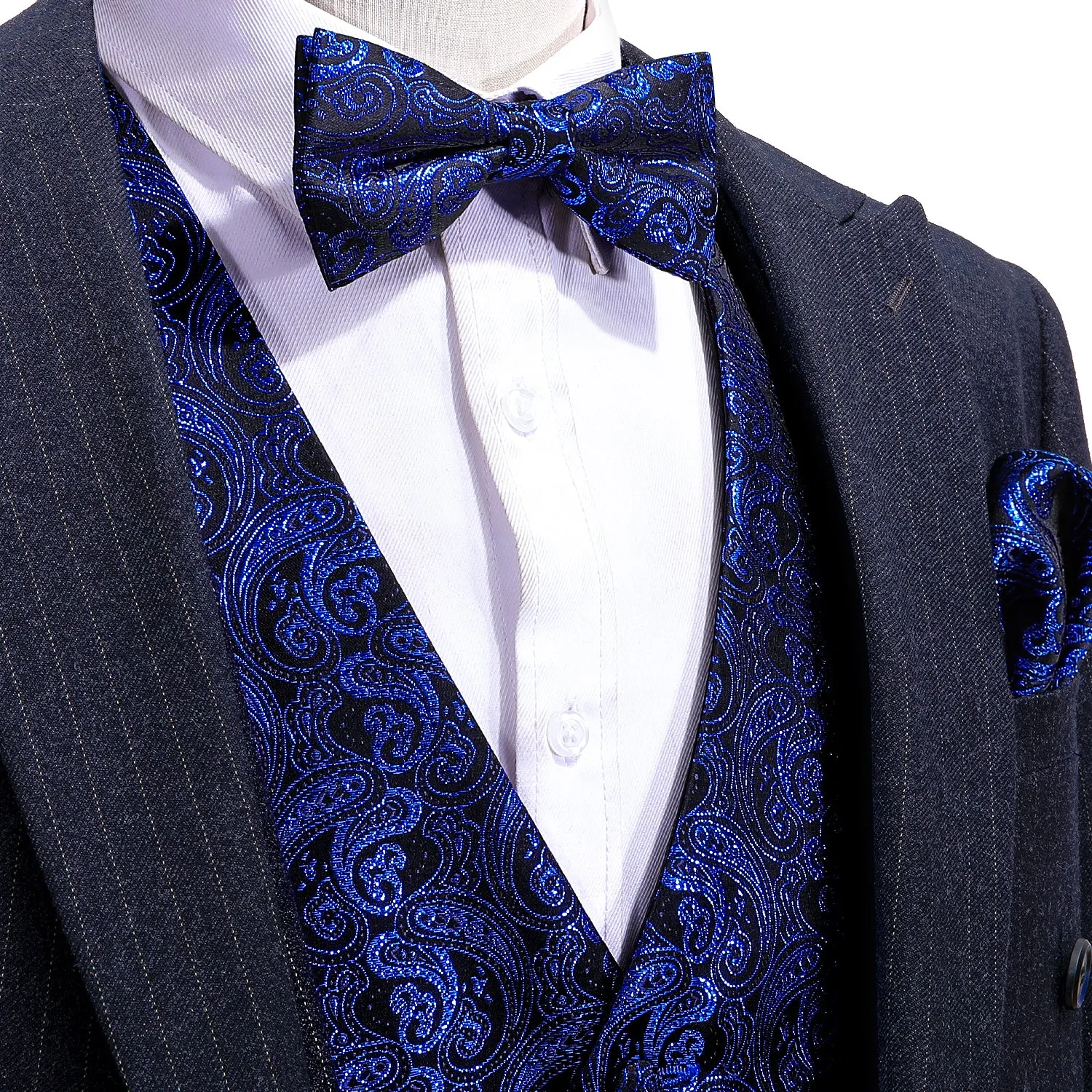 $9.99 Shining Navy Blue Paisley Silk Men's Vest Bow Tie Handkerchief Cufflinks Set Waistcoat Suit Set