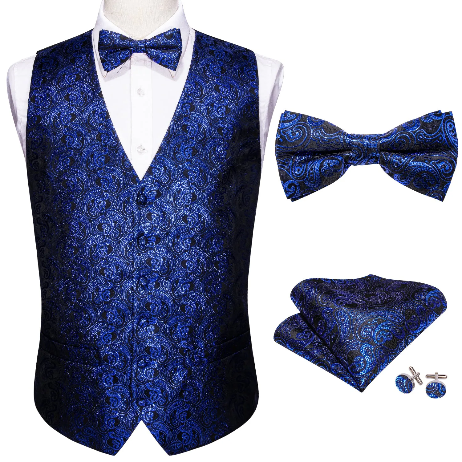 $9.99 Shining Navy Blue Paisley Silk Men's Vest Bow Tie Handkerchief Cufflinks Set Waistcoat Suit Set