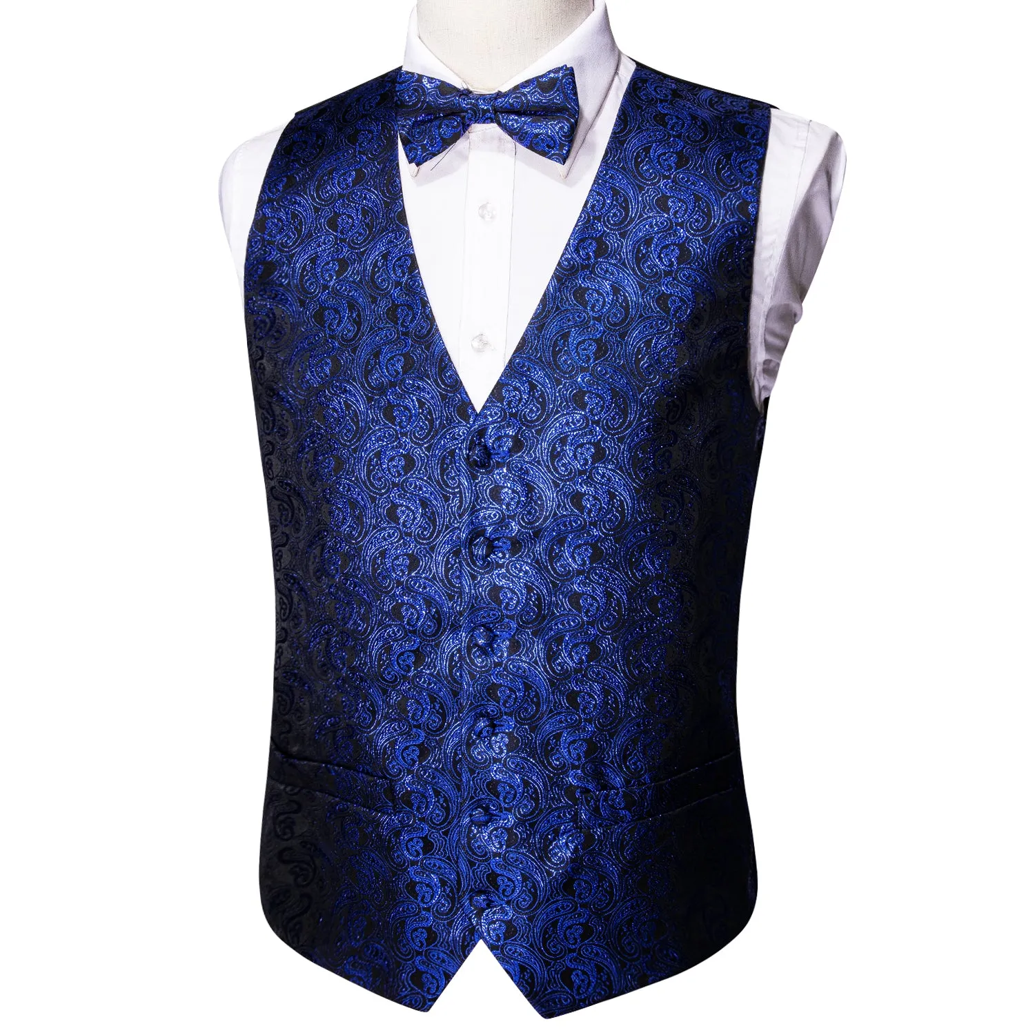 $9.99 Shining Navy Blue Paisley Silk Men's Vest Bow Tie Handkerchief Cufflinks Set Waistcoat Suit Set