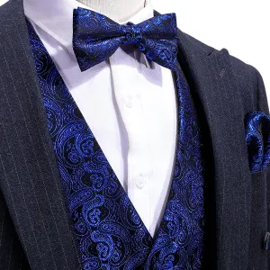 $9.99 Shining Navy Blue Paisley Silk Men's Vest Bow Tie Handkerchief Cufflinks Set Waistcoat Suit Set