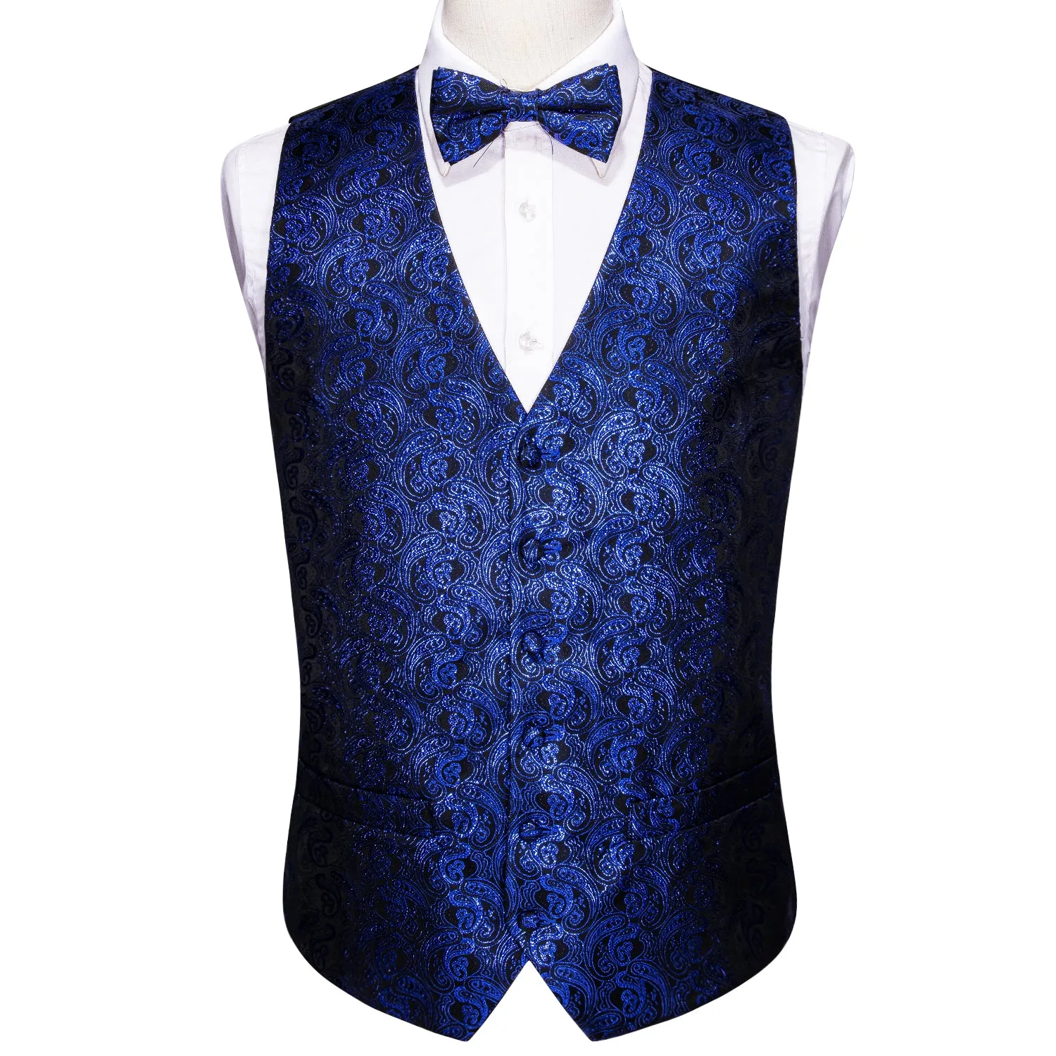 $9.99 Shining Navy Blue Paisley Silk Men's Vest Bow Tie Handkerchief Cufflinks Set Waistcoat Suit Set