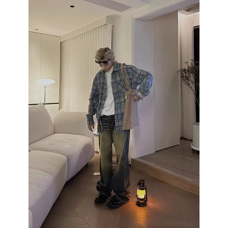Advbridge 90s fashion men American Retro Plaid Shirt Street Casual All-Match Plaid Loose Plaid Long Sleeve Fashion Brand Shirt for Men and Women
