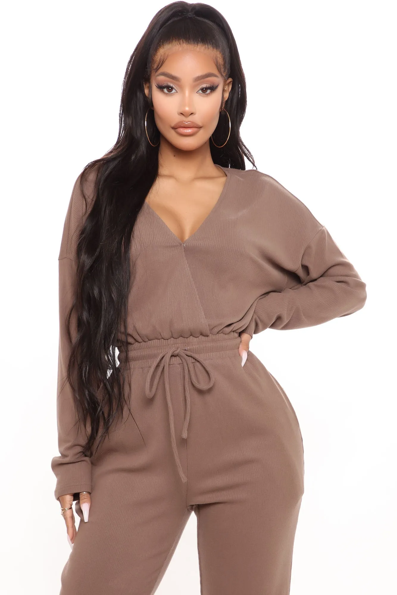 All Cozied Up Knit Jumpsuit - Brown