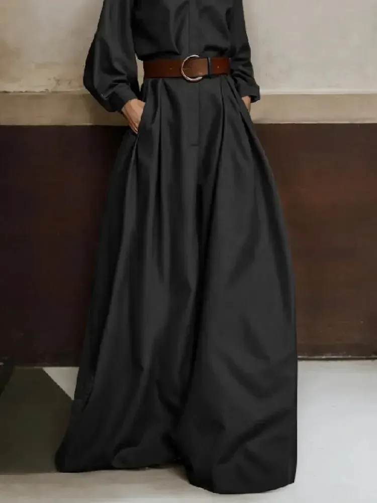 Amozae-Gymystars Women's Solid Color Loose Jumpsuit Fashion Half Open Collar Long Sleeves High Waisted Wide Leg Pants One-piece Suits