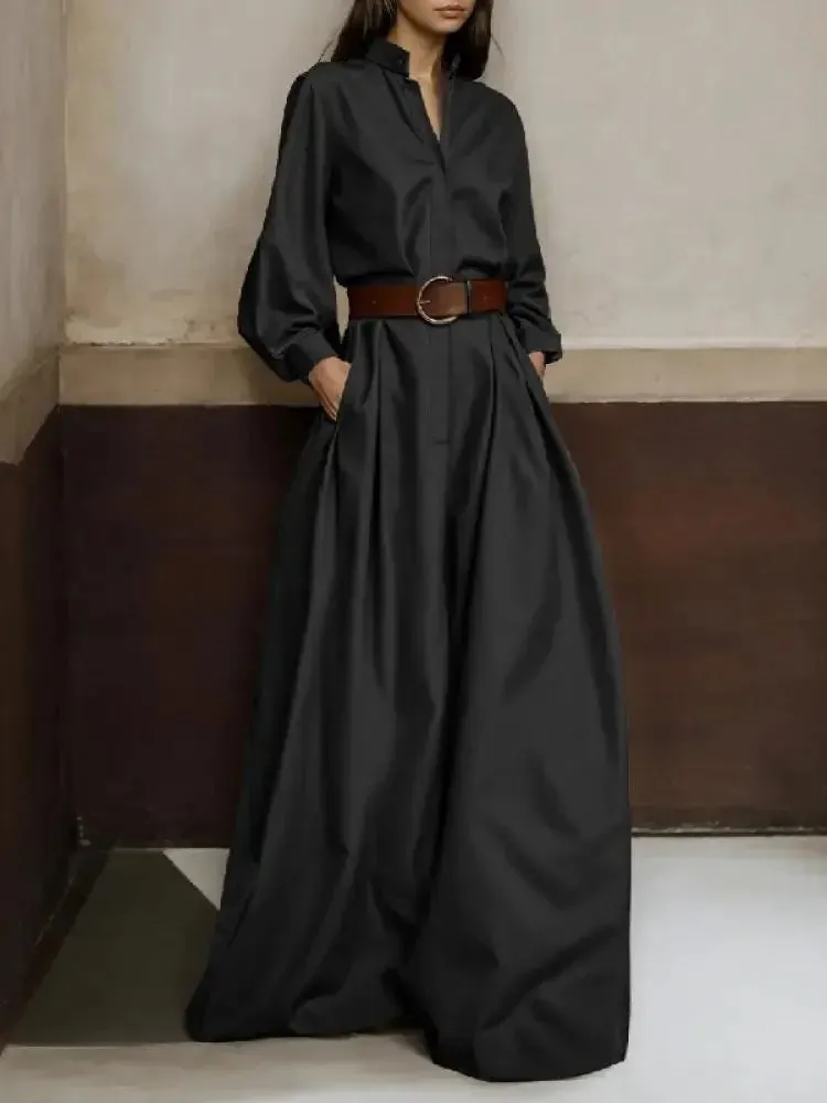 Amozae-Gymystars Women's Solid Color Loose Jumpsuit Fashion Half Open Collar Long Sleeves High Waisted Wide Leg Pants One-piece Suits