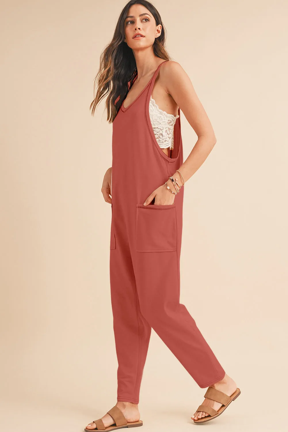 Apricot Solid Color Loose Fit Harem Jumpsuit