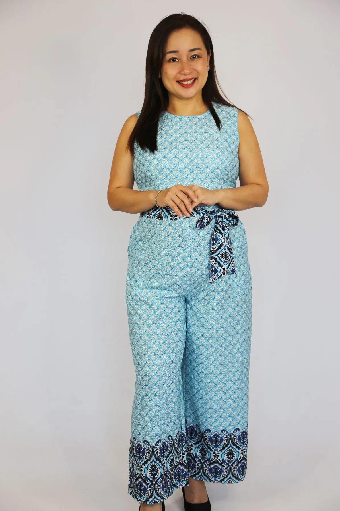 Aqua Blue Geometric Sleeveless Jumpsuit
