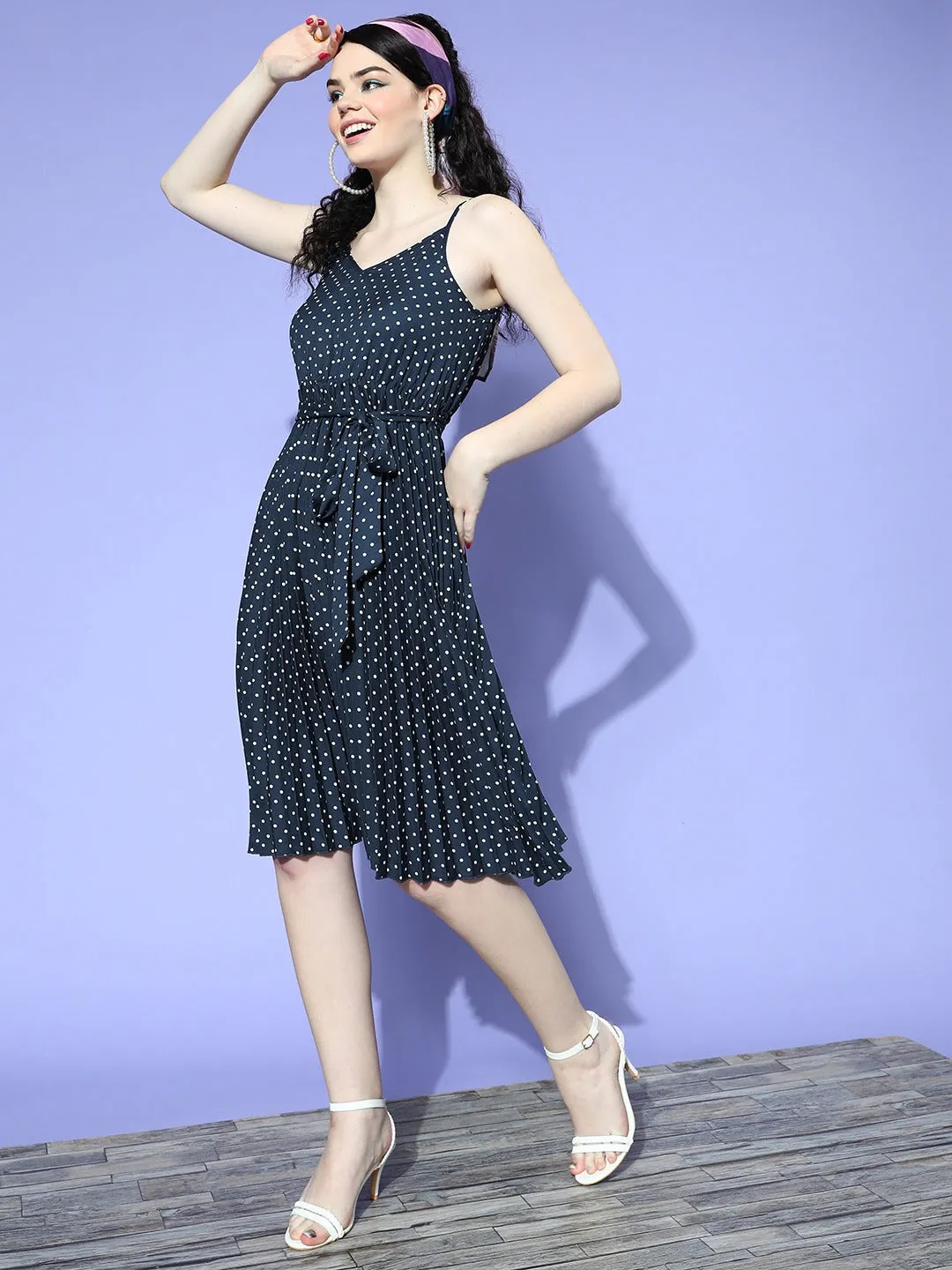 Berrylush Women Navy Blue & White Polka Dot Printed V-Neck Tie-Up Waist Crepe Accordion Pleated Fit & Flare Midi Dress