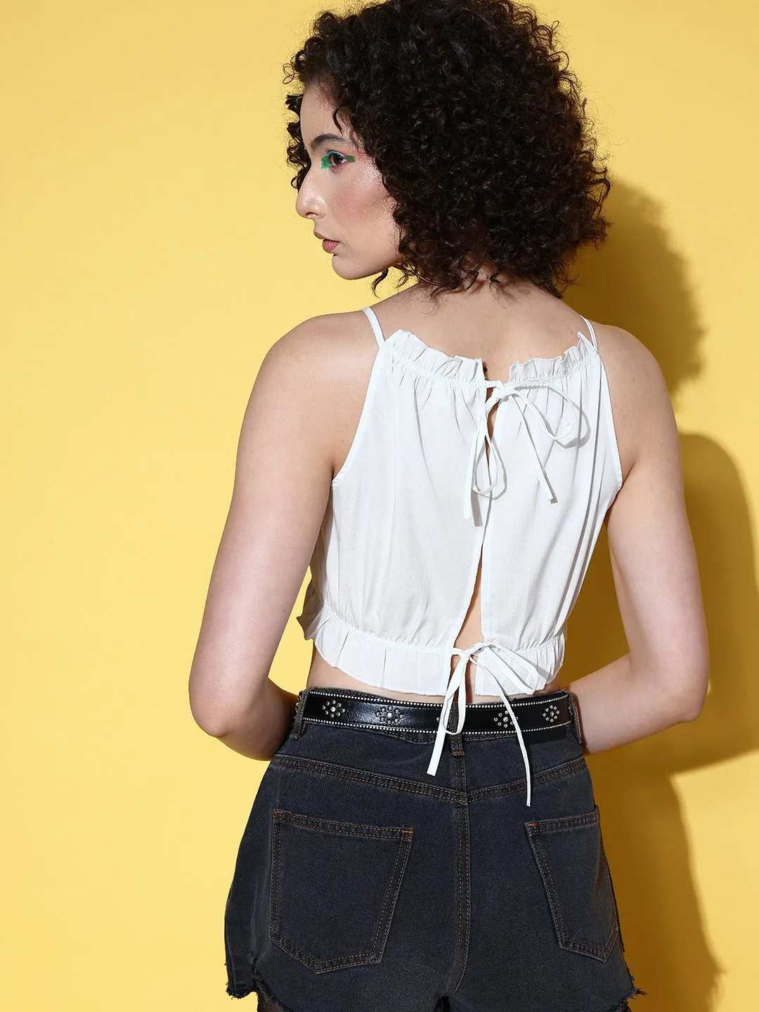 Berrylush Women Solid White Round Neck Sleeveless Tie-Up Back Crepe Cropped Top