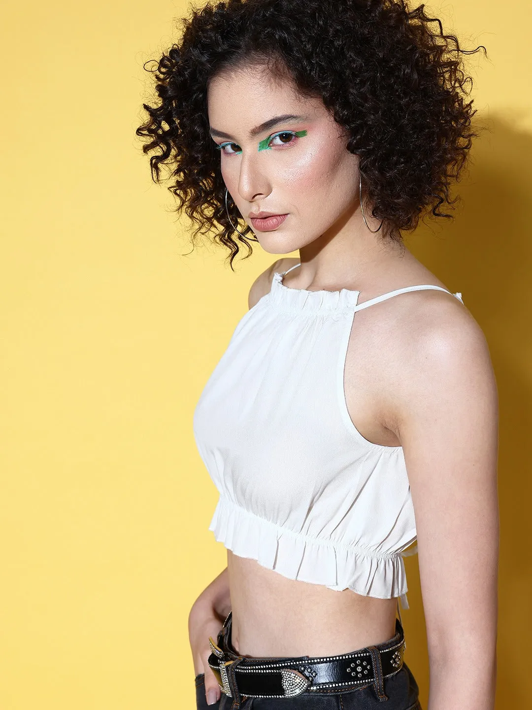 Berrylush Women Solid White Round Neck Sleeveless Tie-Up Back Crepe Cropped Top