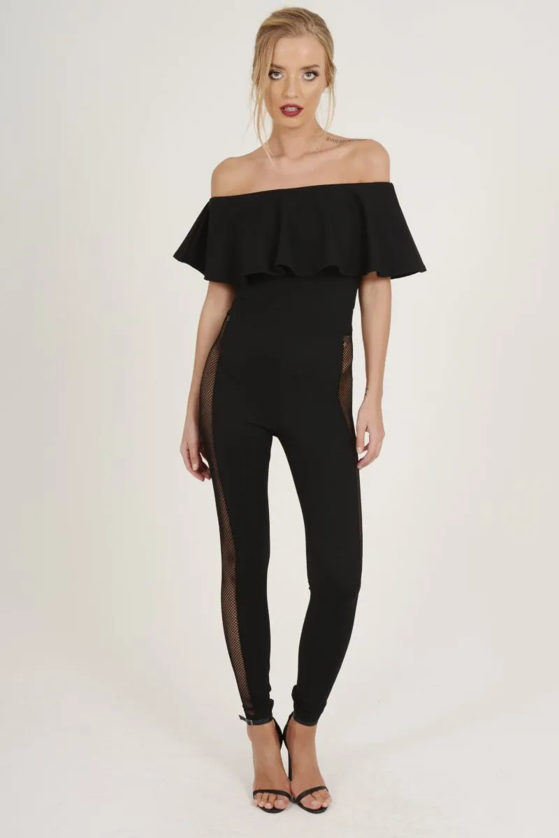 Black Bardot Frill Mesh Sides Jumpsuit - Bronwyn