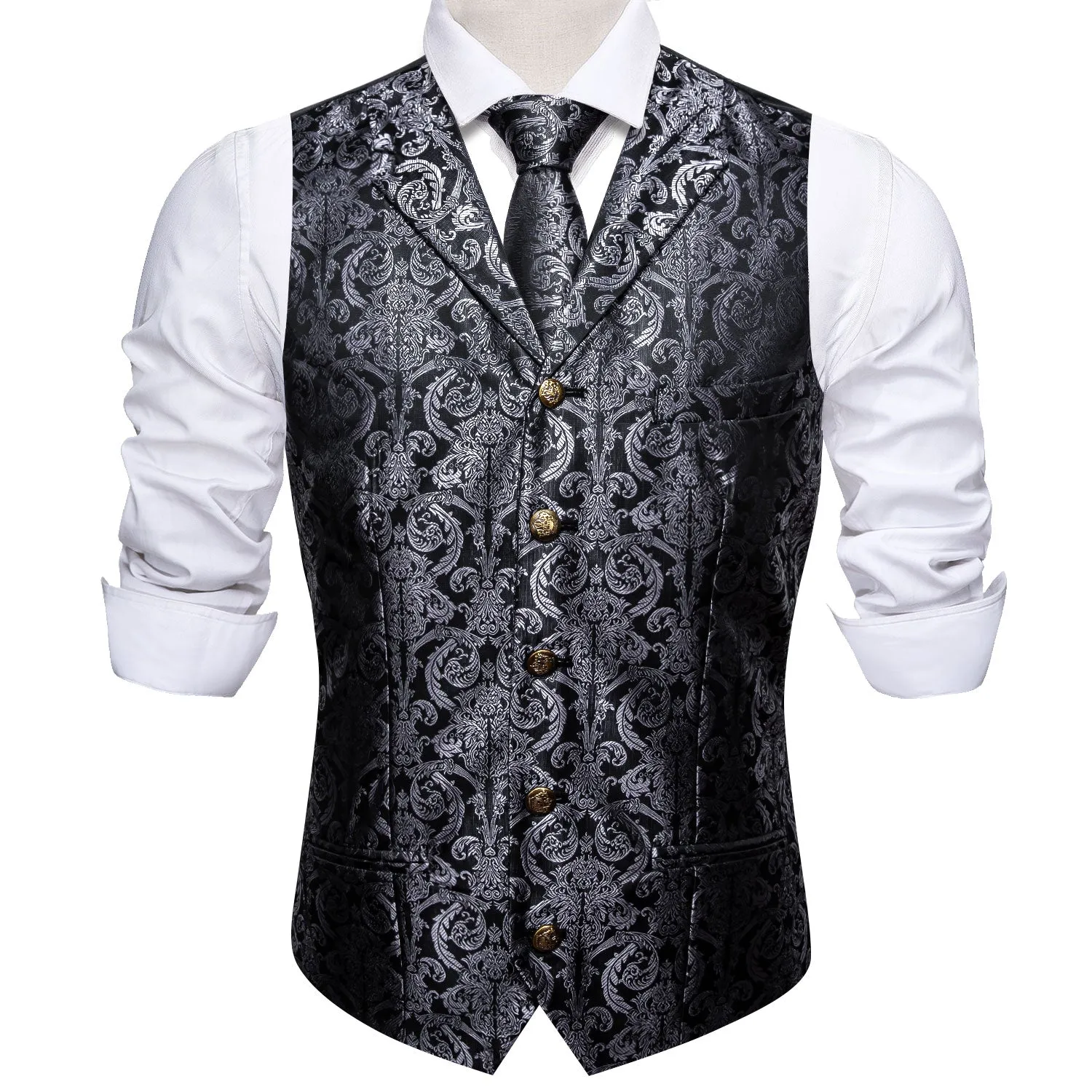 Black Grey Paisley Metal Button Jacquard Silk Men's Vest Hanky Cufflinks Tie Set