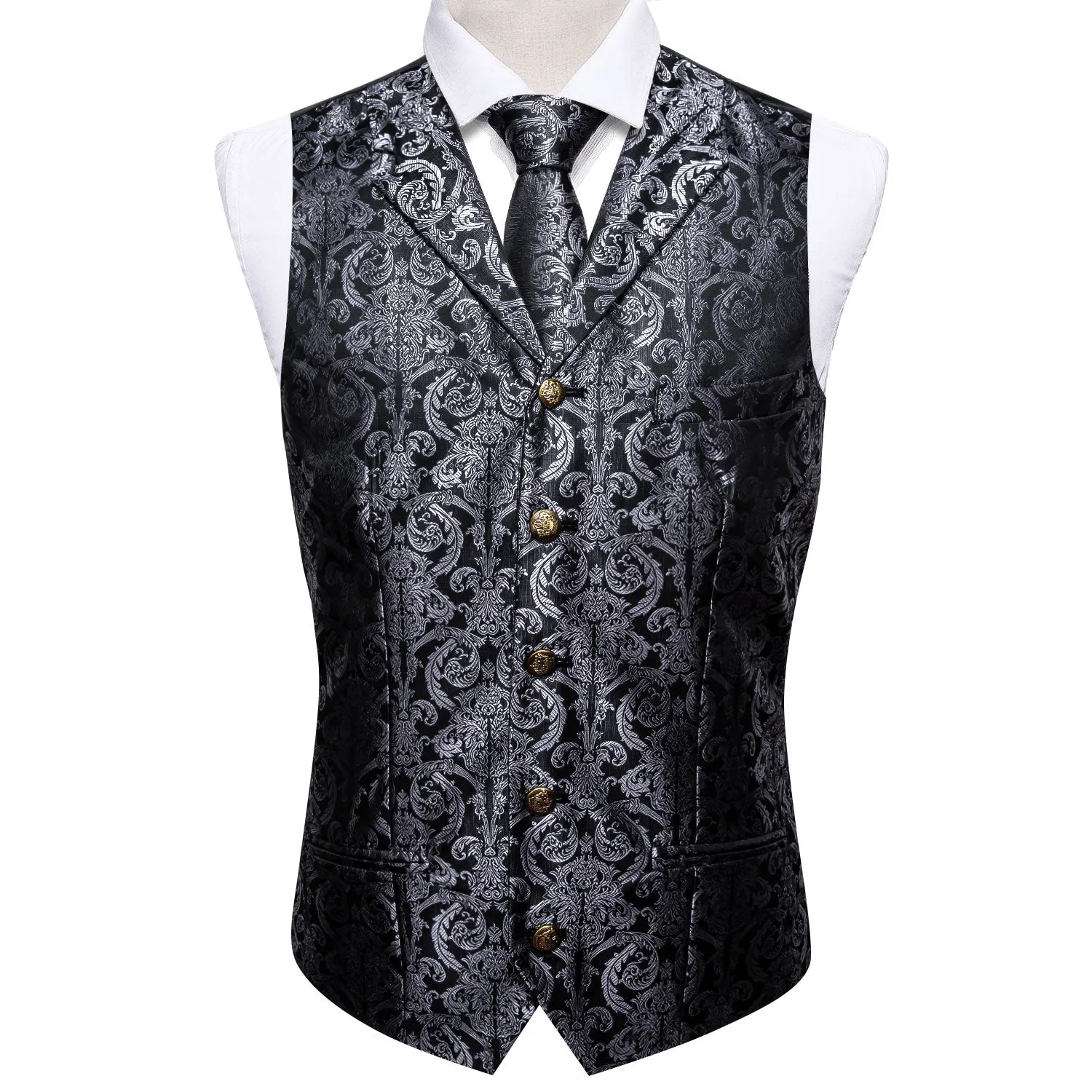 Black Grey Paisley Metal Button Jacquard Silk Men's Vest Hanky Cufflinks Tie Set