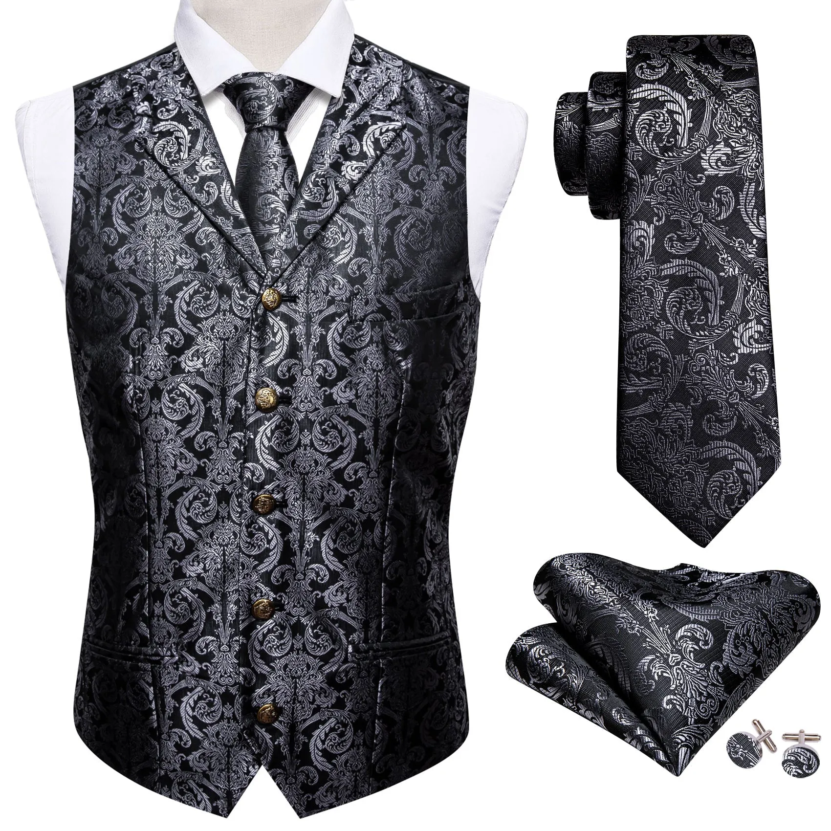 Black Grey Paisley Metal Button Jacquard Silk Men's Vest Hanky Cufflinks Tie Set