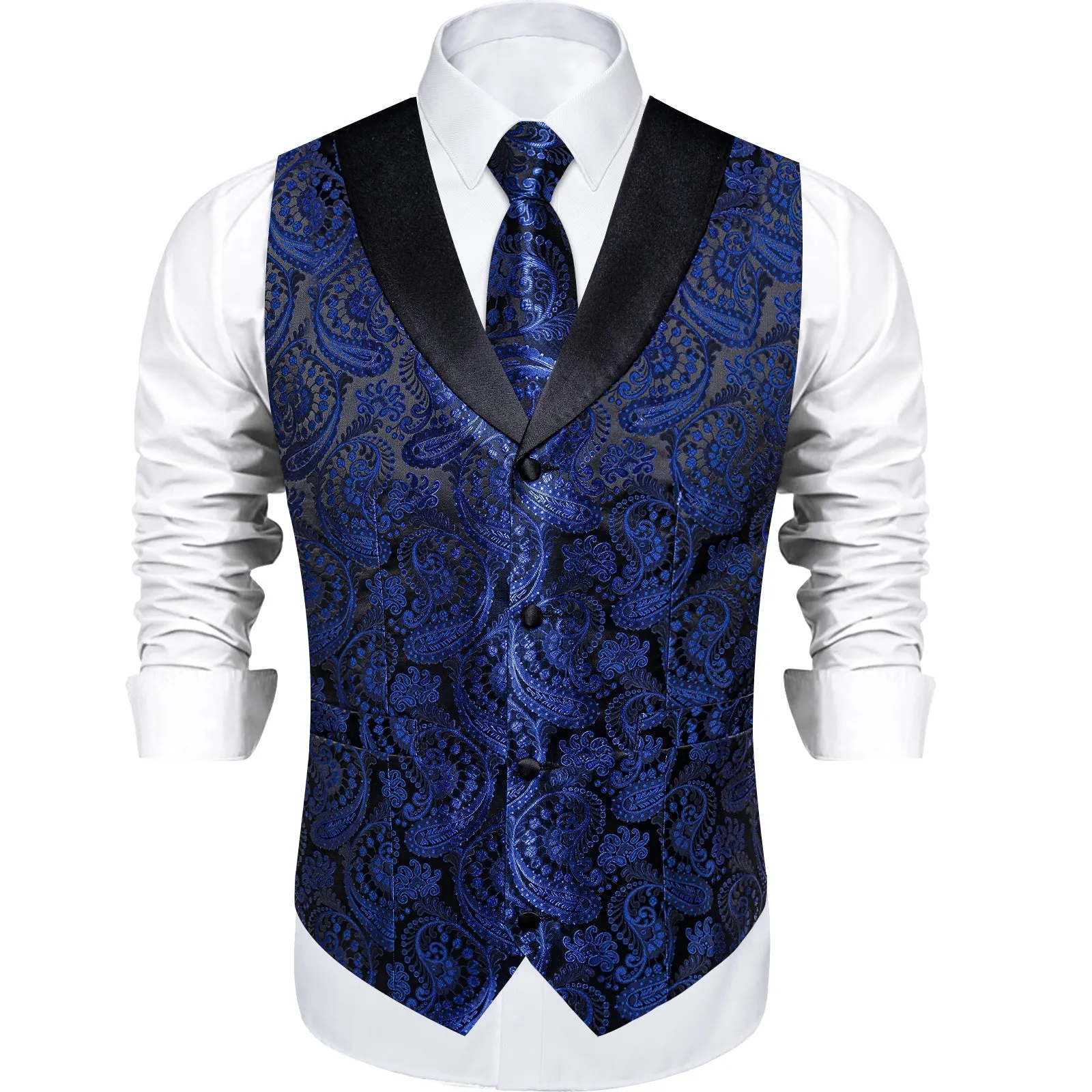 Blue Paisley Black Collar Vest Tie Hanky Cufflinks Set