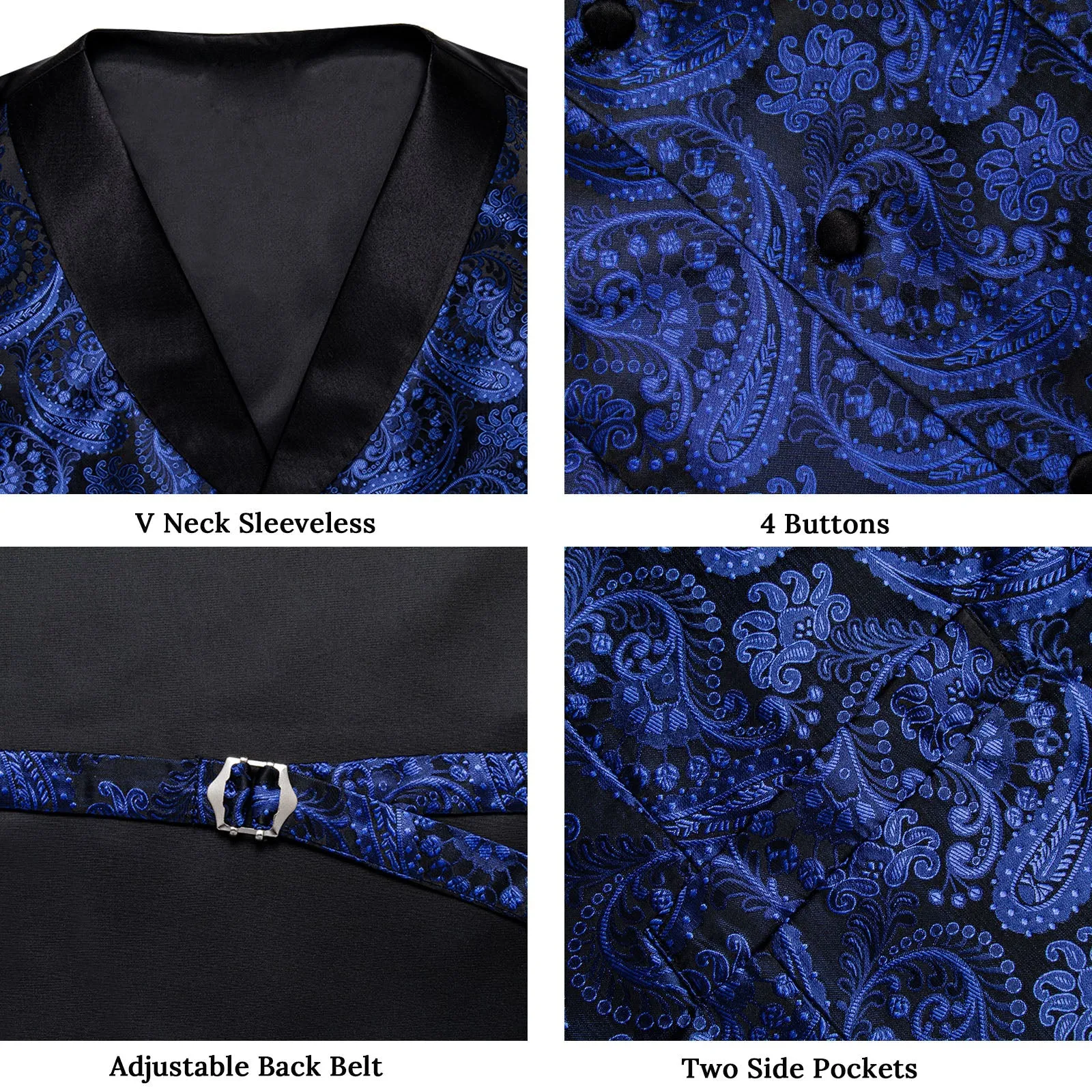 Blue Paisley Black Collar Vest Tie Hanky Cufflinks Set