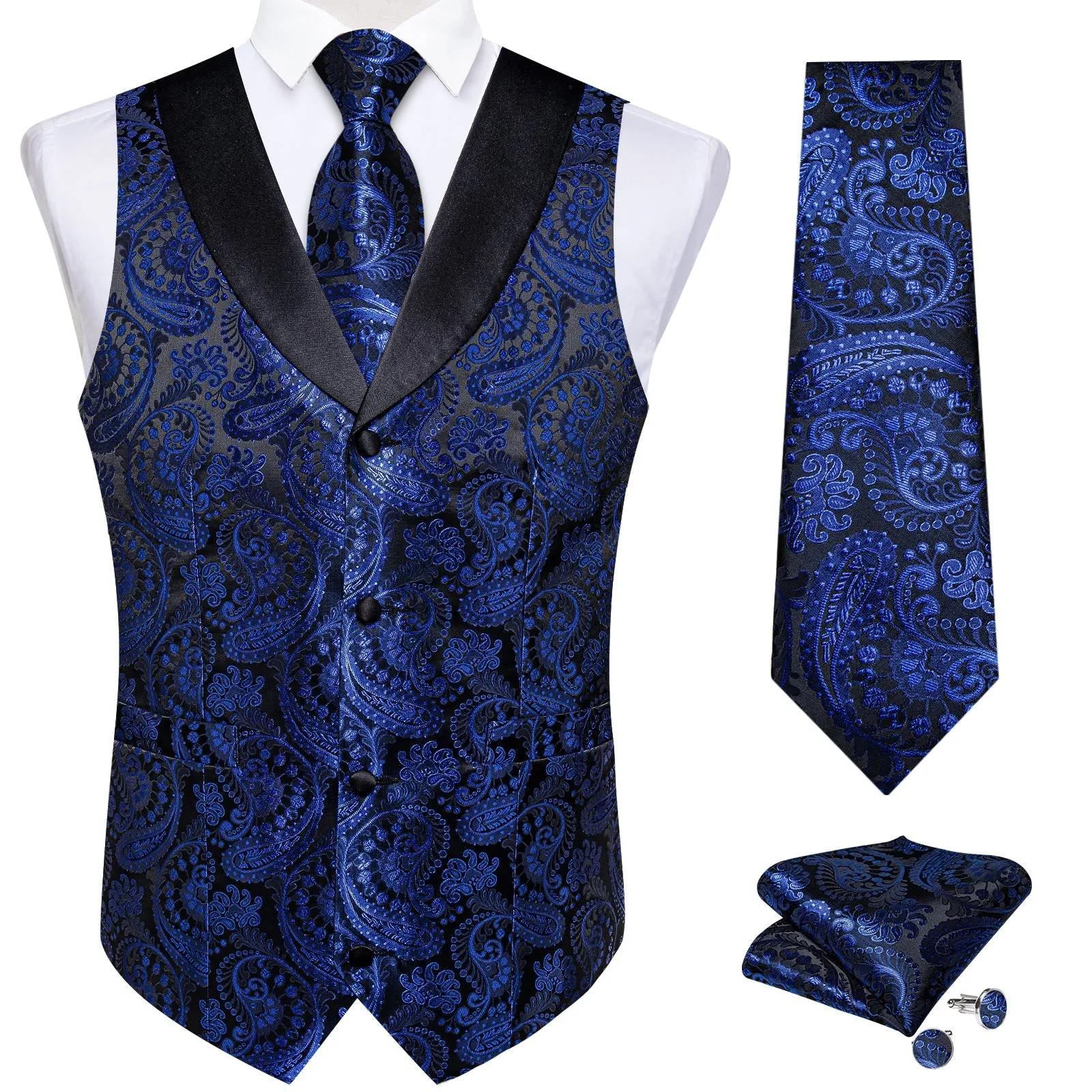 Blue Paisley Black Collar Vest Tie Hanky Cufflinks Set