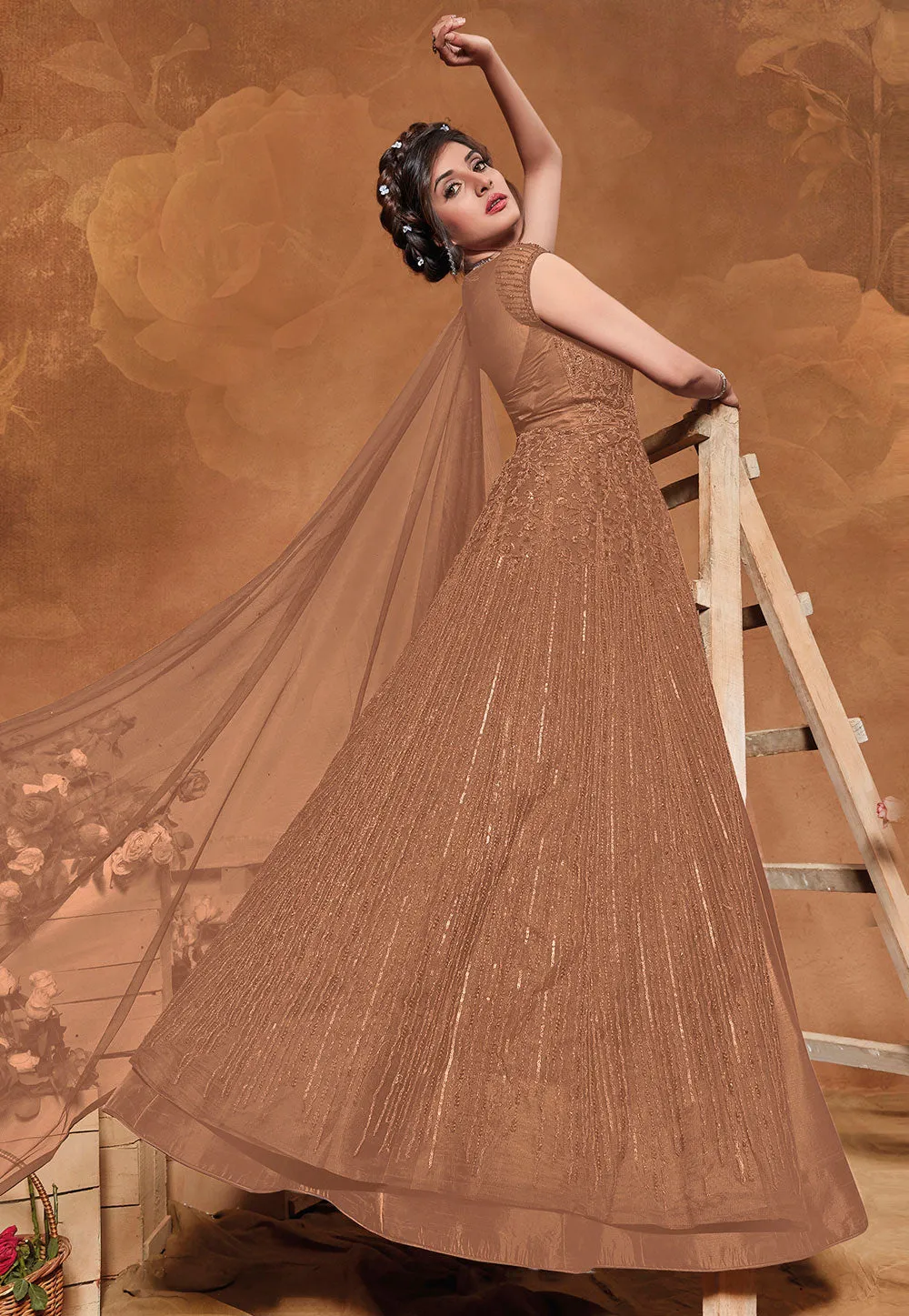 Bronze Sequence Embroidered Wedding Anarkali Suit
