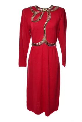 Bullocks Wilshire Vintage Beaded Red Knit Dress 1980's