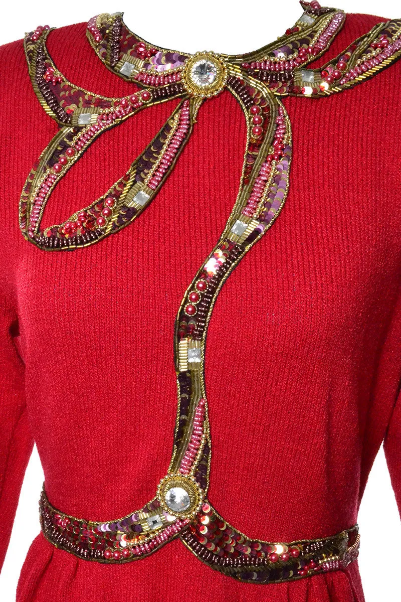 Bullocks Wilshire Vintage Beaded Red Knit Dress 1980's