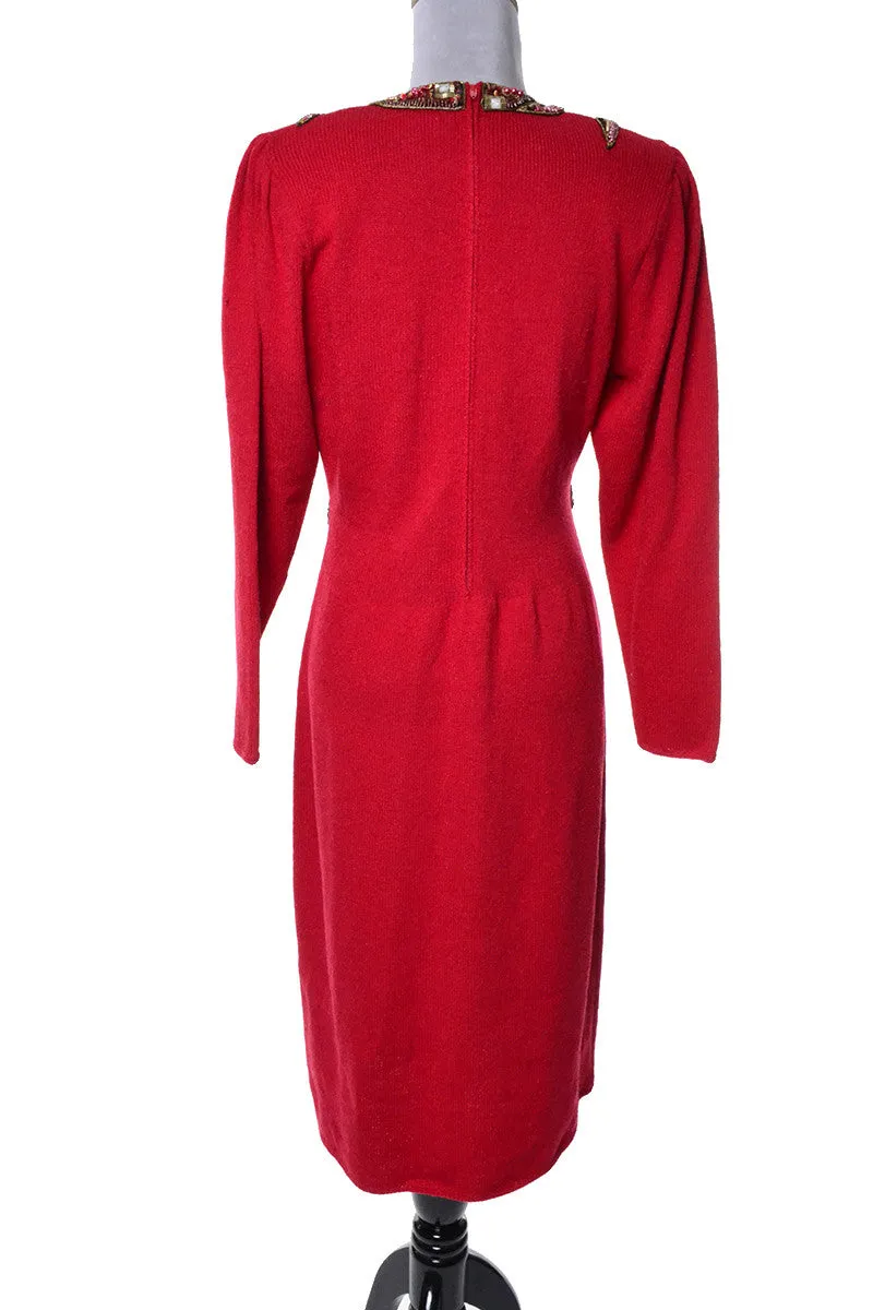 Bullocks Wilshire Vintage Beaded Red Knit Dress 1980's