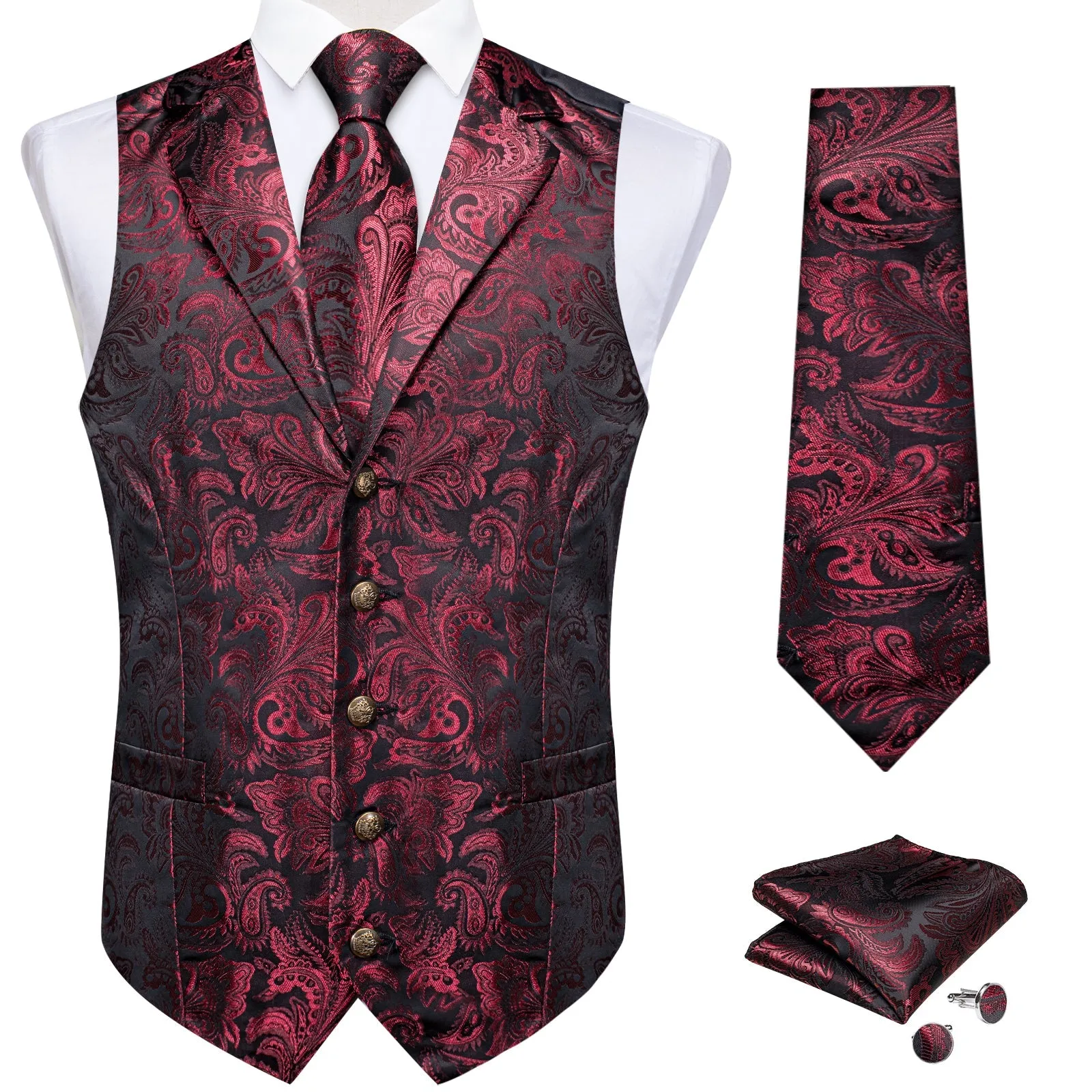 Burgundy Red Paisley Men's Collar Vest Tie Hanky Cufflinks Set Waistcoat Suit Set