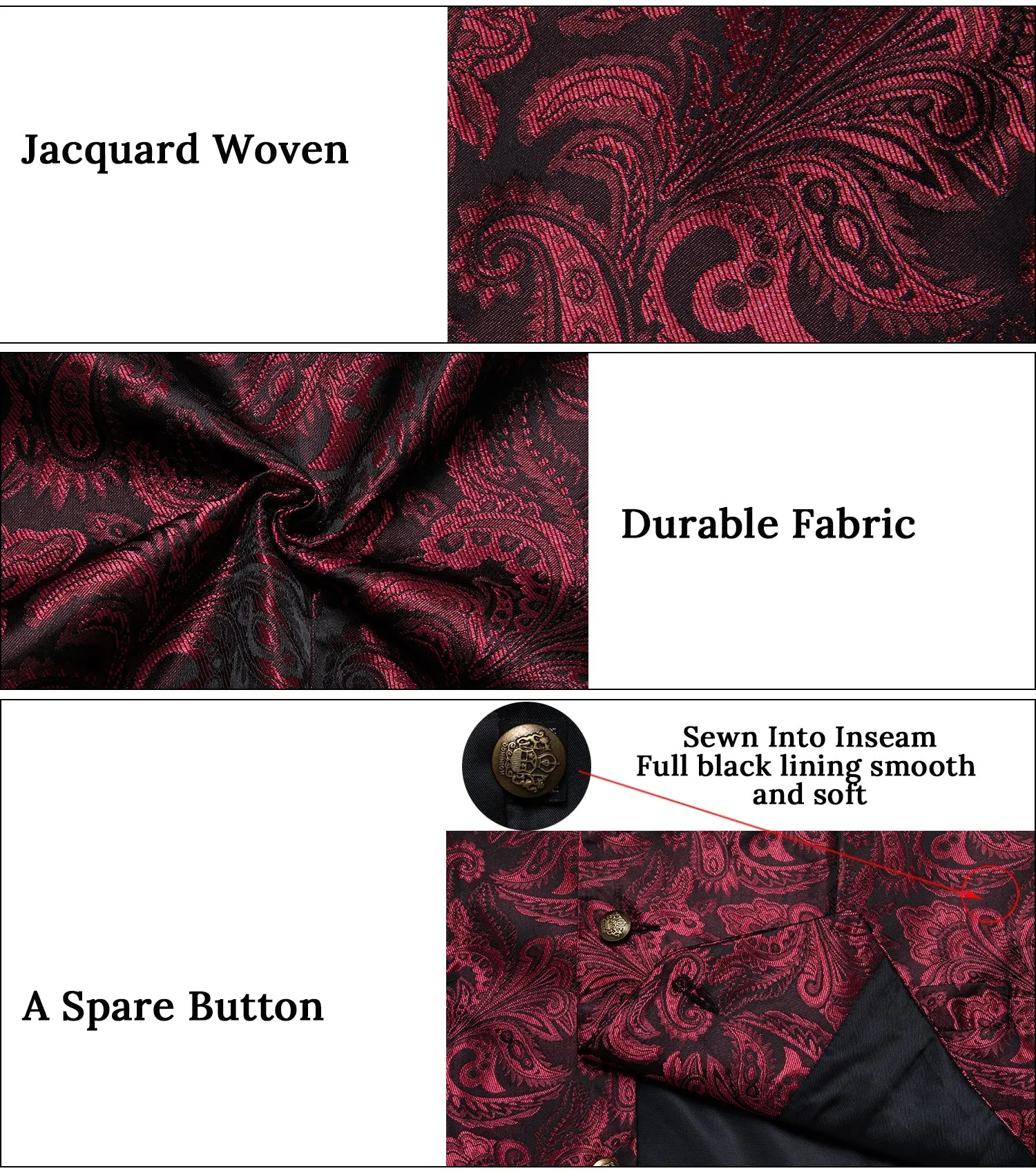 Burgundy Red Paisley Men's Collar Vest Tie Hanky Cufflinks Set Waistcoat Suit Set
