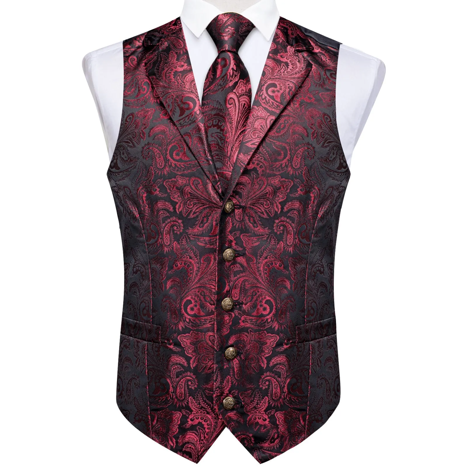 Burgundy Red Paisley Men's Collar Vest Tie Hanky Cufflinks Set Waistcoat Suit Set