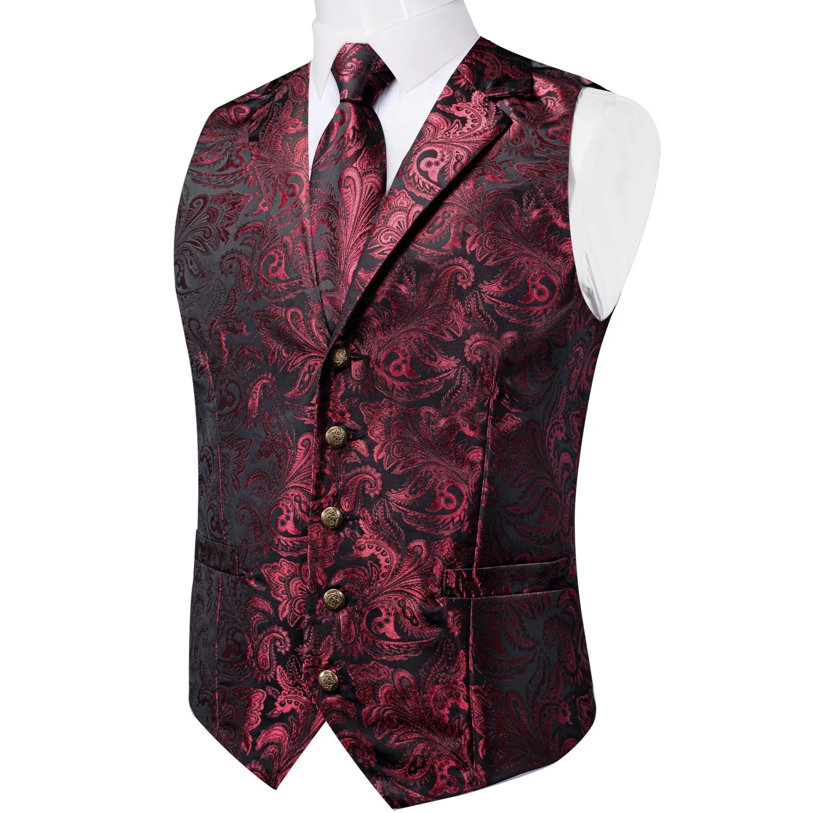 Burgundy Red Paisley Men's Collar Vest Tie Hanky Cufflinks Set Waistcoat Suit Set