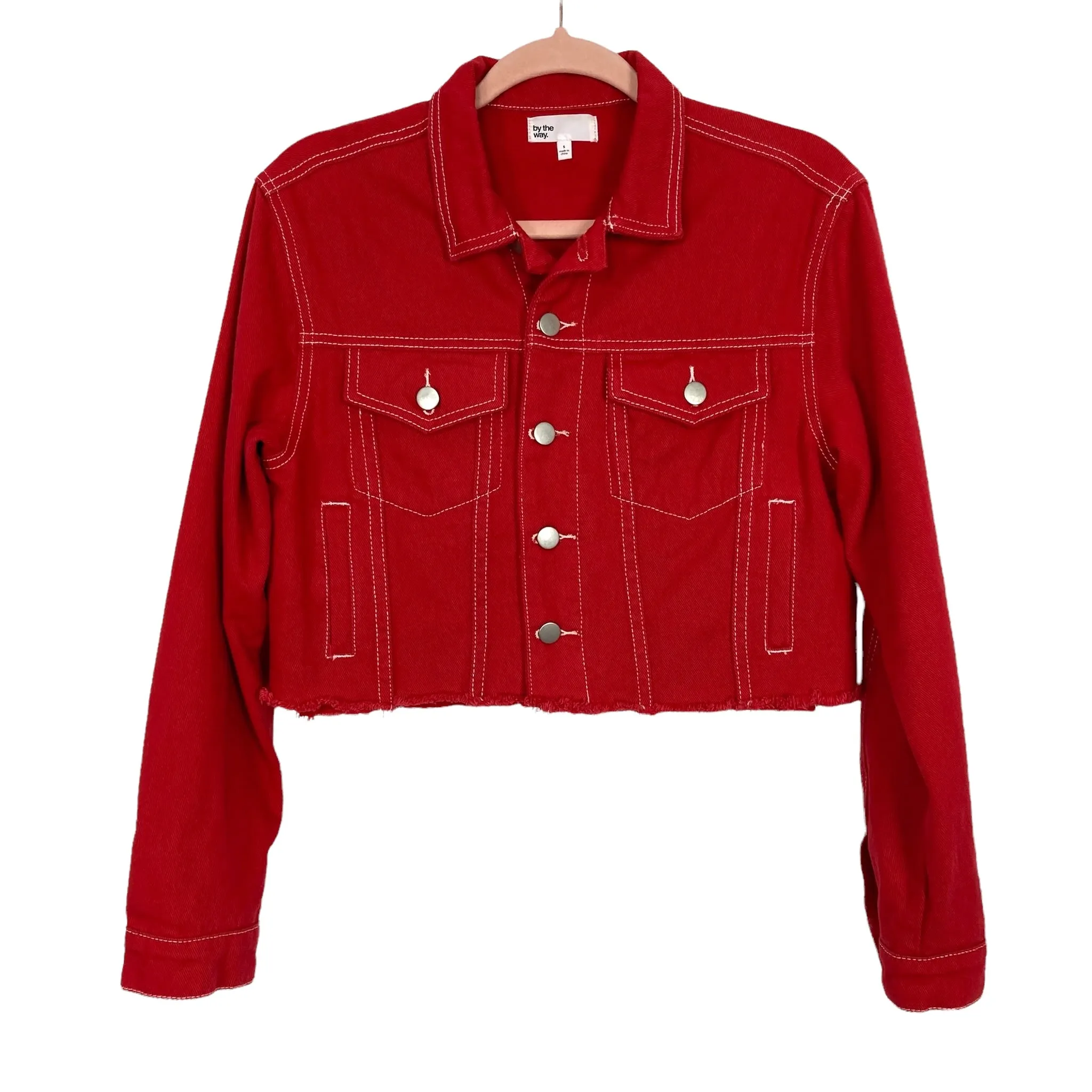 By the Way Red Denim Cropped Jacket with Raw Hem- Size S (sold out online, see notes)