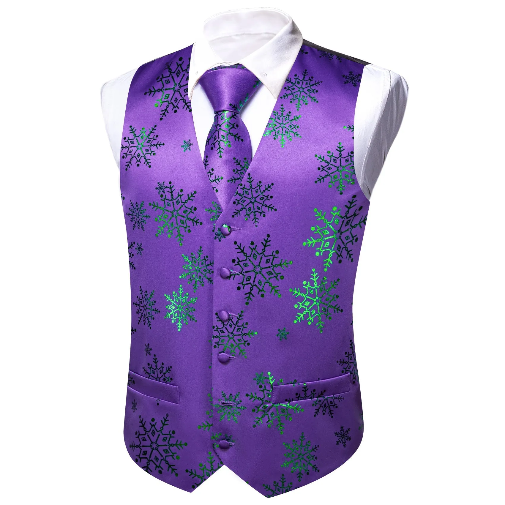 Christmas Purple Green Snowflake Silk Men's Vest Hanky Cufflinks Tie Set
