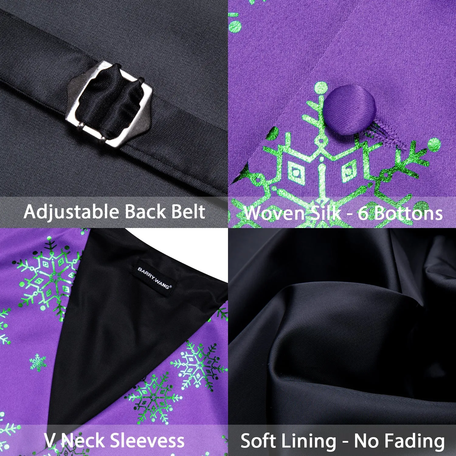 Christmas Purple Green Snowflake Silk Men's Vest Hanky Cufflinks Tie Set