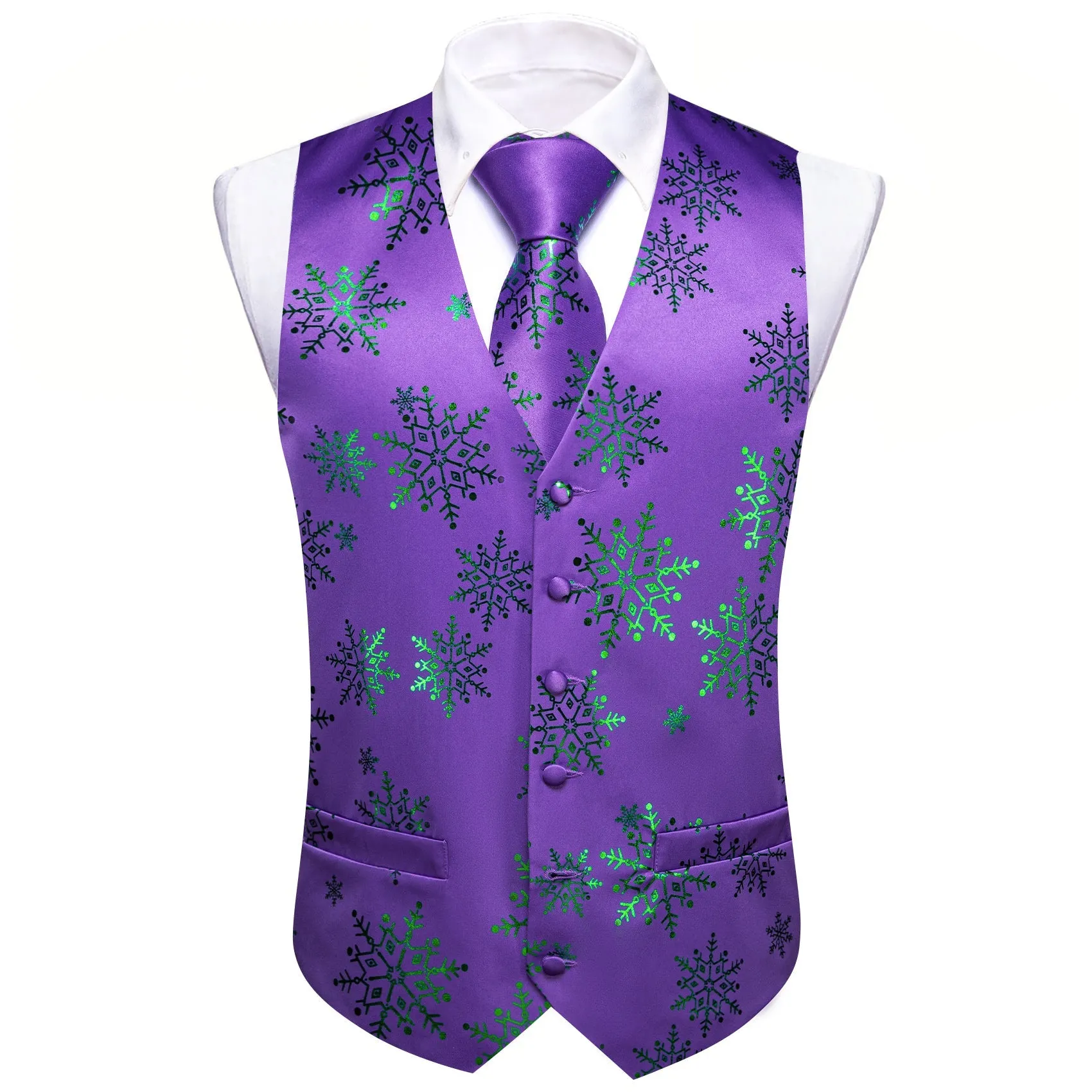 Christmas Purple Green Snowflake Silk Men's Vest Hanky Cufflinks Tie Set