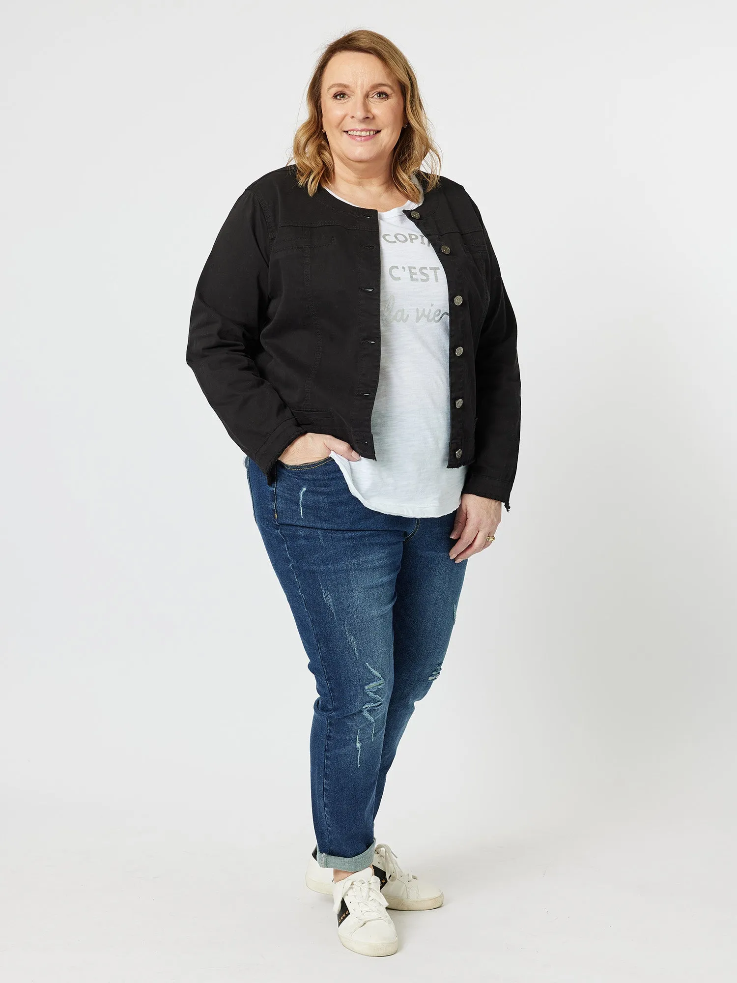 Collarless Denim Jacket - Black