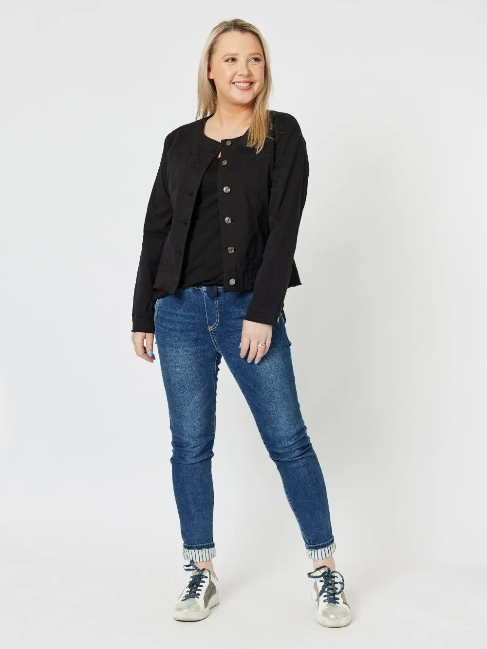 Collarless Denim Jacket - Black