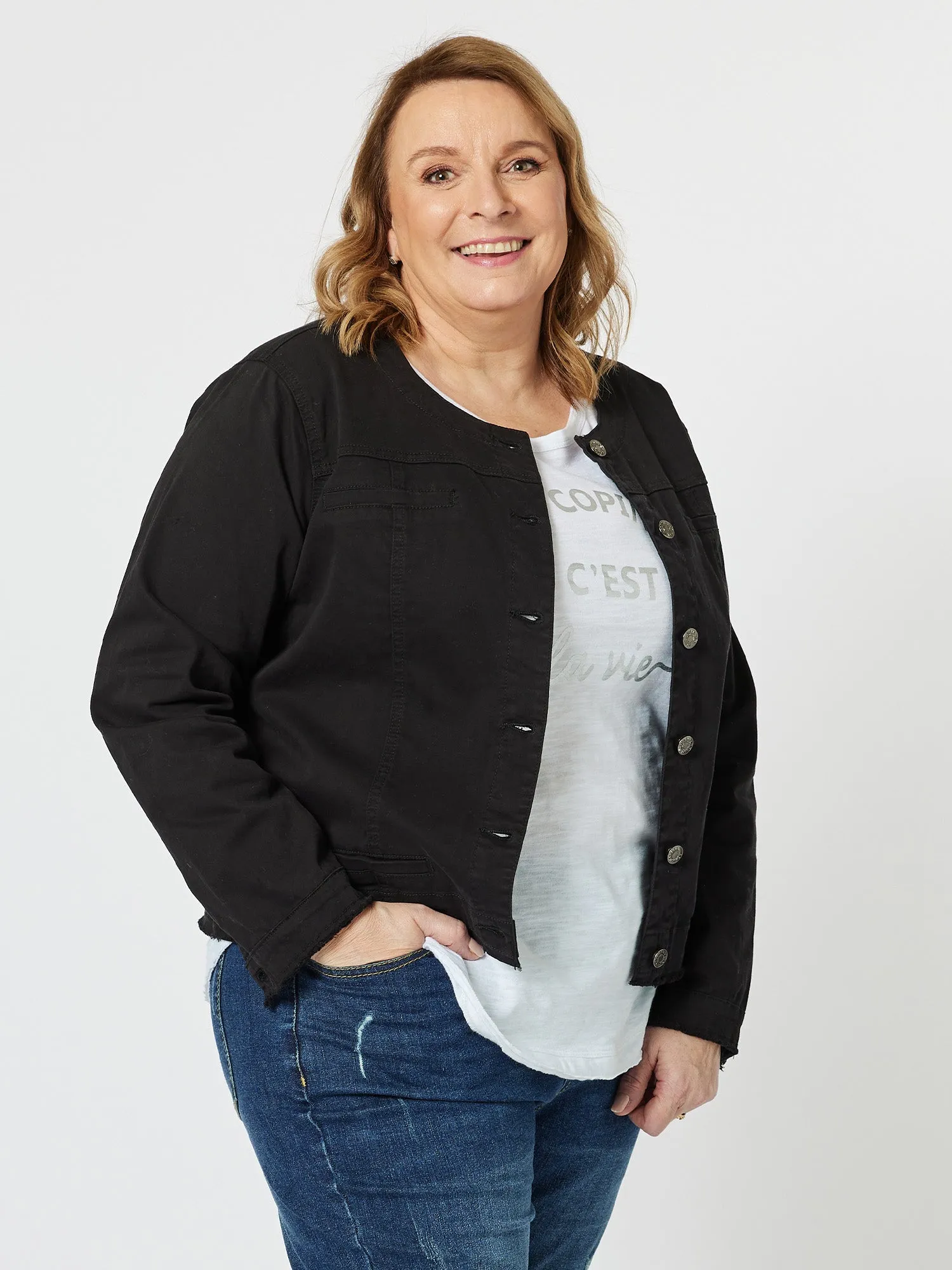 Collarless Denim Jacket - Black