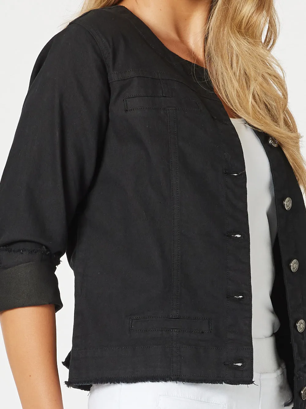 Collarless Denim Jacket - Black