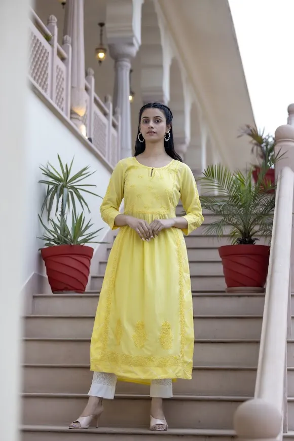 Cotton Yellow Embroidered Chikankari Suit Set with Dupatta