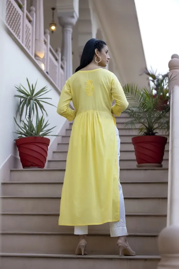 Cotton Yellow Embroidered Chikankari Suit Set with Dupatta