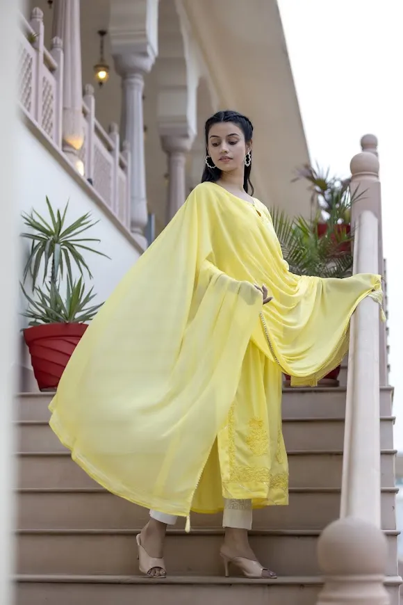 Cotton Yellow Embroidered Chikankari Suit Set with Dupatta