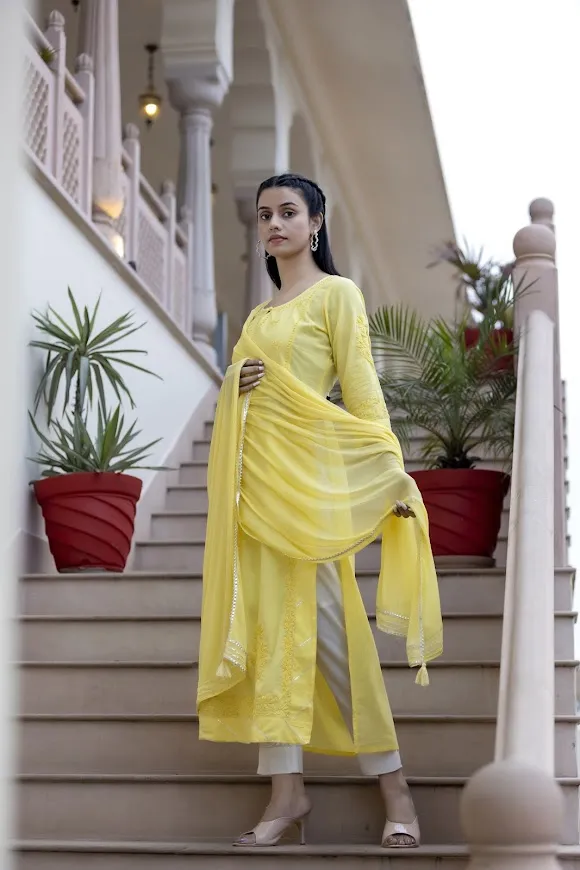 Cotton Yellow Embroidered Chikankari Suit Set with Dupatta