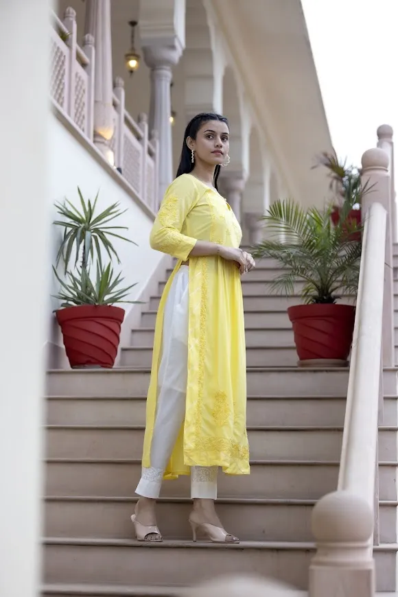 Cotton Yellow Embroidered Chikankari Suit Set with Dupatta