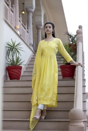 Cotton Yellow Embroidered Chikankari Suit Set with Dupatta