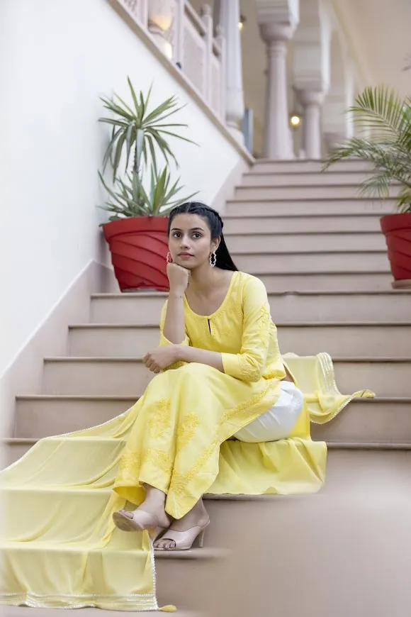 Cotton Yellow Embroidered Chikankari Suit Set with Dupatta