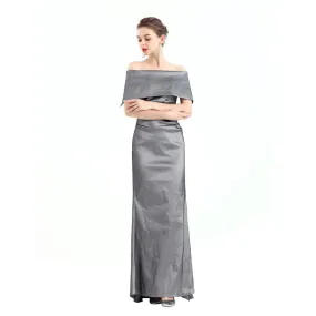 D111 Women solid off shoulder draped detailing fitted mermaid maxi evening dress