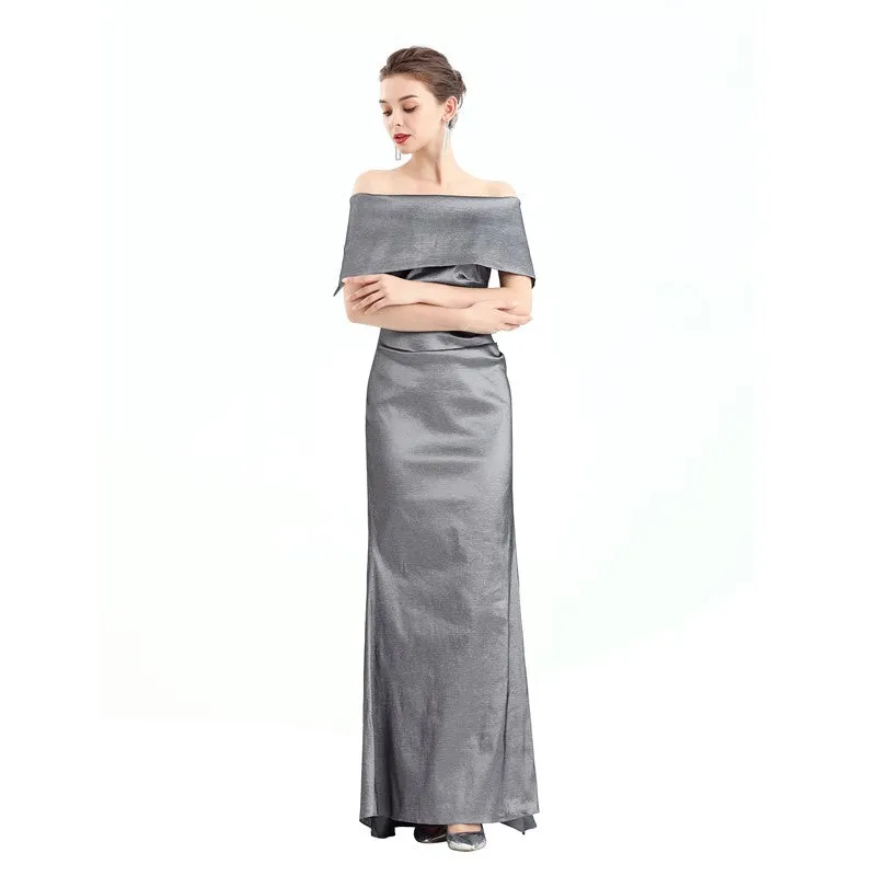 D111 Women solid off shoulder draped detailing fitted mermaid maxi evening dress