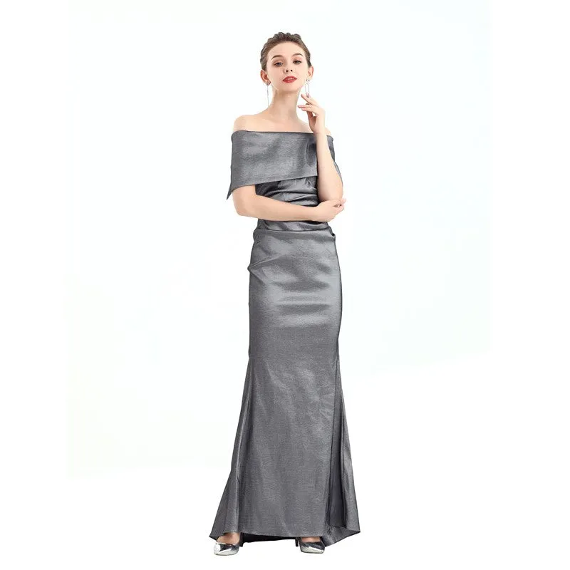 D111 Women solid off shoulder draped detailing fitted mermaid maxi evening dress