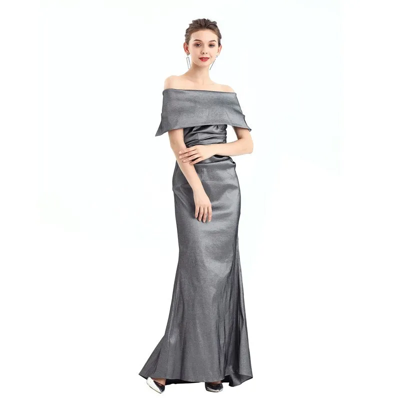 D111 Women solid off shoulder draped detailing fitted mermaid maxi evening dress