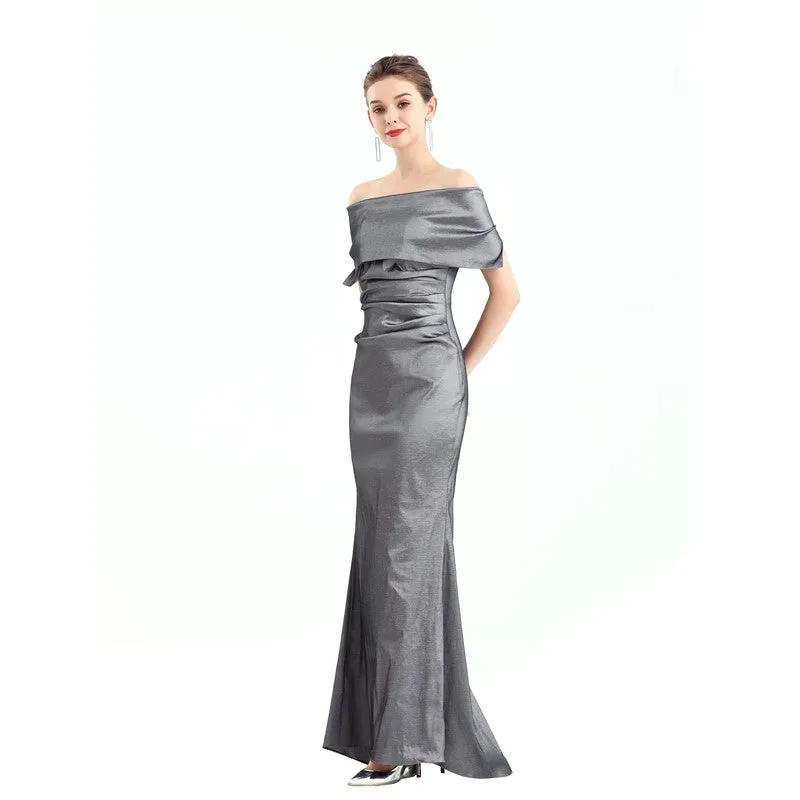 D111 Women solid off shoulder draped detailing fitted mermaid maxi evening dress