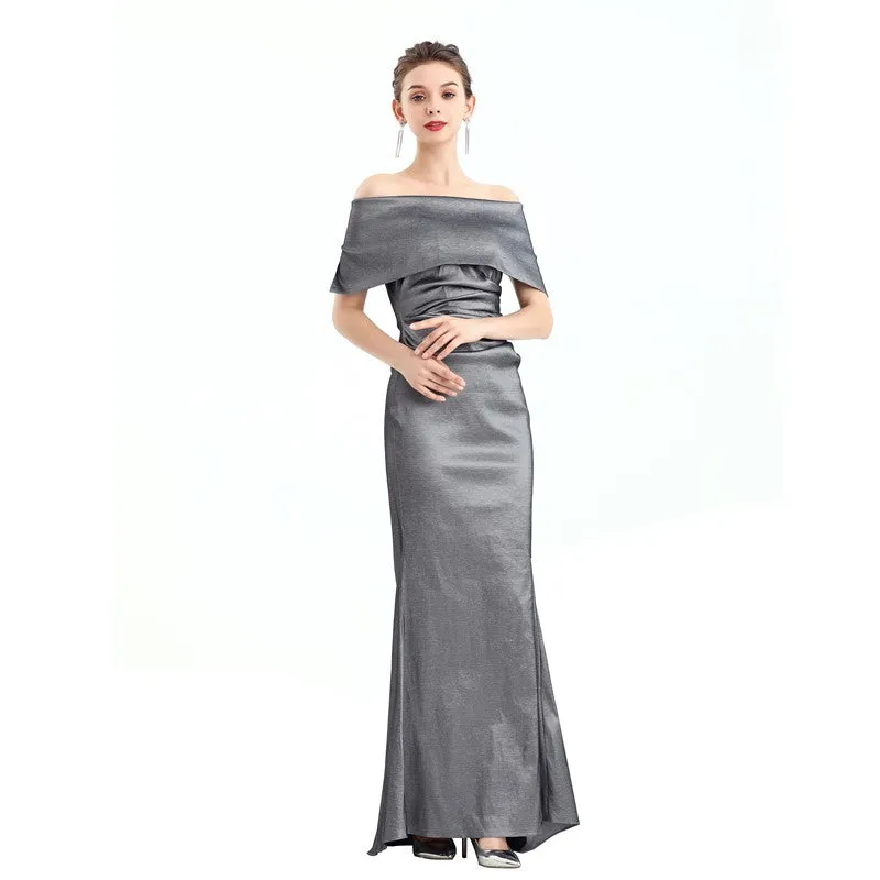 D111 Women solid off shoulder draped detailing fitted mermaid maxi evening dress